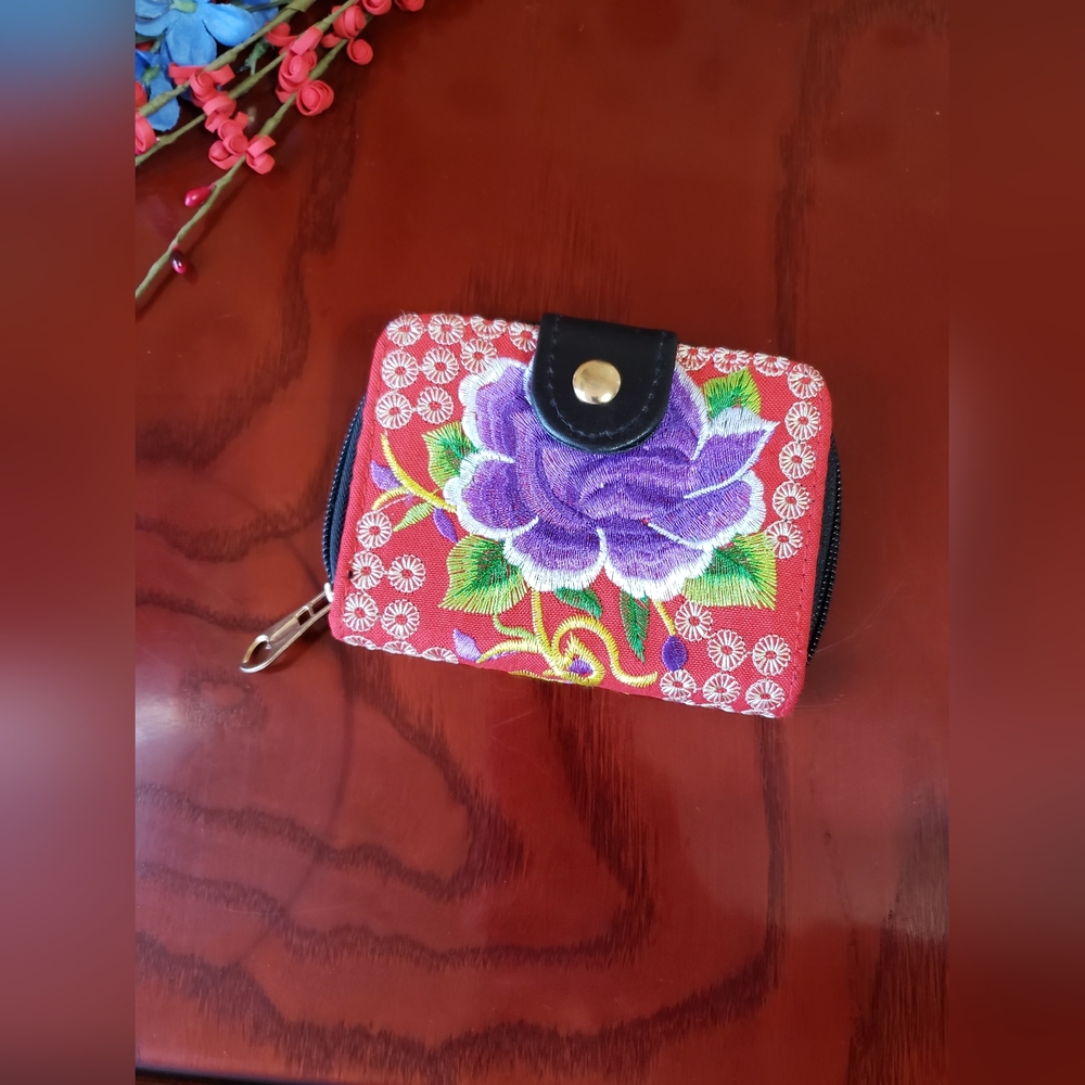 Ethnic Floral Embroidered 2 Sided Small Red Wallet